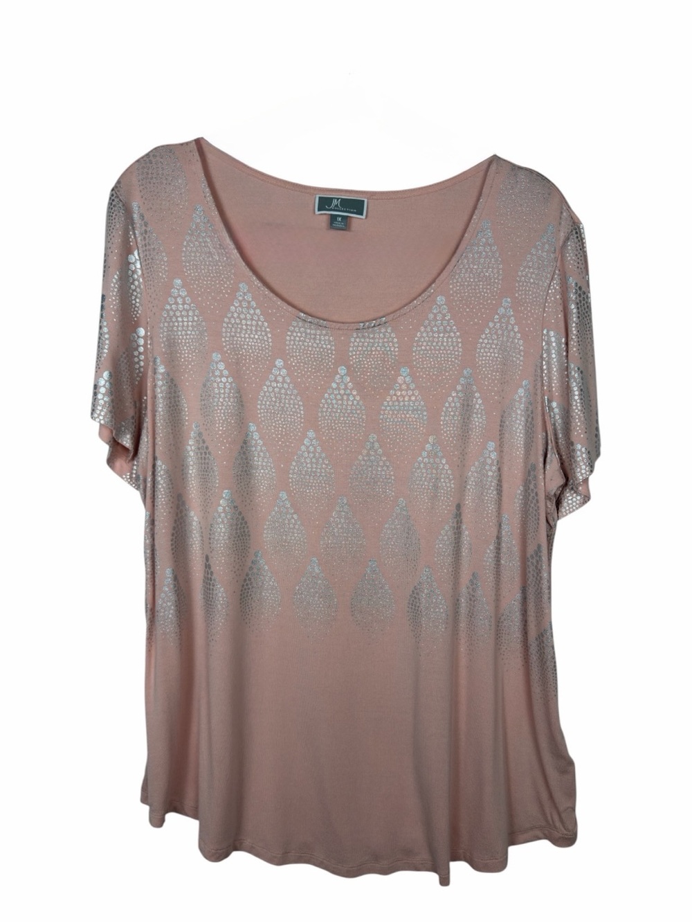 JM Collection Women’s Short Sleeve Pink Top With Shiny Silver Accents. SZ 1X EUC